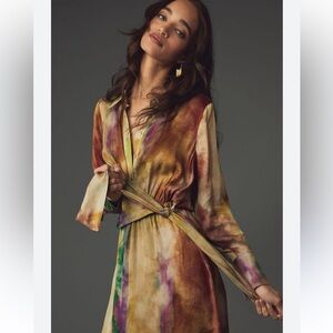 ANTHROPOLOGIE Tie-Waist Satin Shirt Dress in Multicolor Watercolor Print